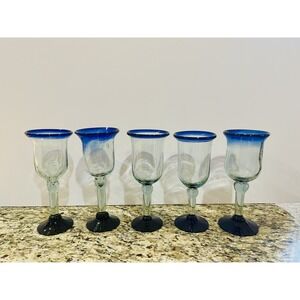 (5) Hand Blown Glass Wine Goblets Stemware Mexican Cobalt Blue‎ Rim And Base